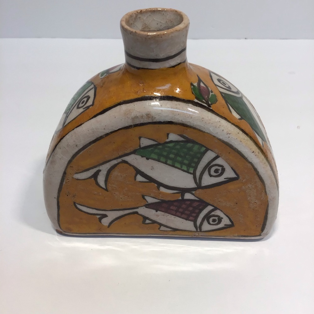 Ancient Persian pottery Hand painted Fish Ceramic Vase Earthenware from 1930s
